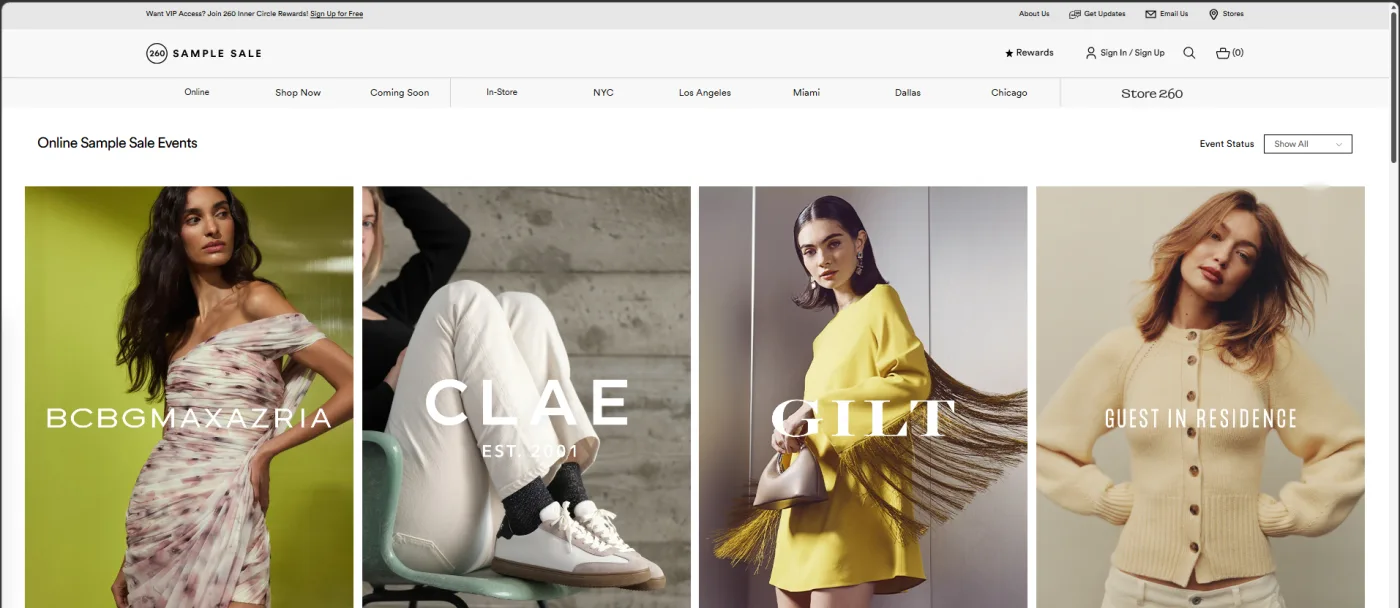 260 Sample Sale Online Sample Sale Events page: a grid of event cards, one per featured brand, with an event status filter