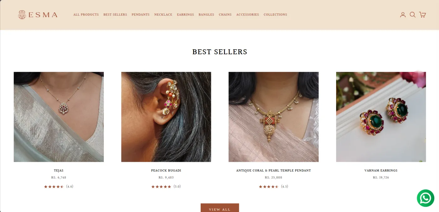Esma Best Sellers section showing four products with prices and star ratings