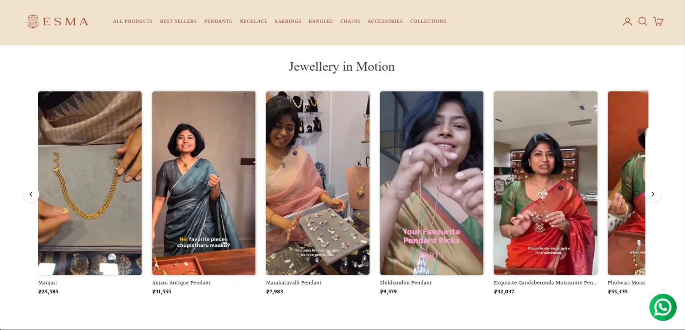 Esma Jewellery in Motion section: a swipeable carousel of short videos, each with a product name and price
