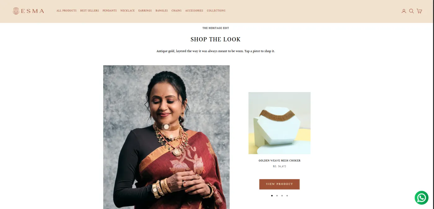 Esma Shop the Look section called The Heritage Edit, with styled photography and a View product button