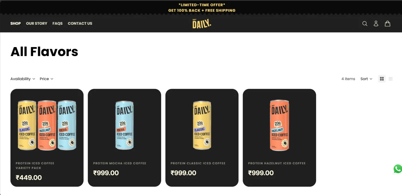 Get Daily All Flavors page showing a variety pack and Mocha, Classic and Hazelnut protein iced coffees