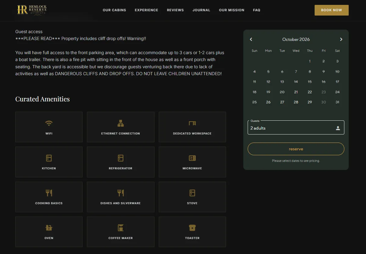A Hemlock Reserve cabin page: a guest access notice and a Curated Amenities grid with icons for WiFi, ethernet connection, dedicated workspace, kitchen, refrigerator, microwave, cooking basics, dishes and silverware, stove, oven, coffee maker and toaster, beside an October 2026 availability calendar with a guests selector set to 2 adults and a Reserve button