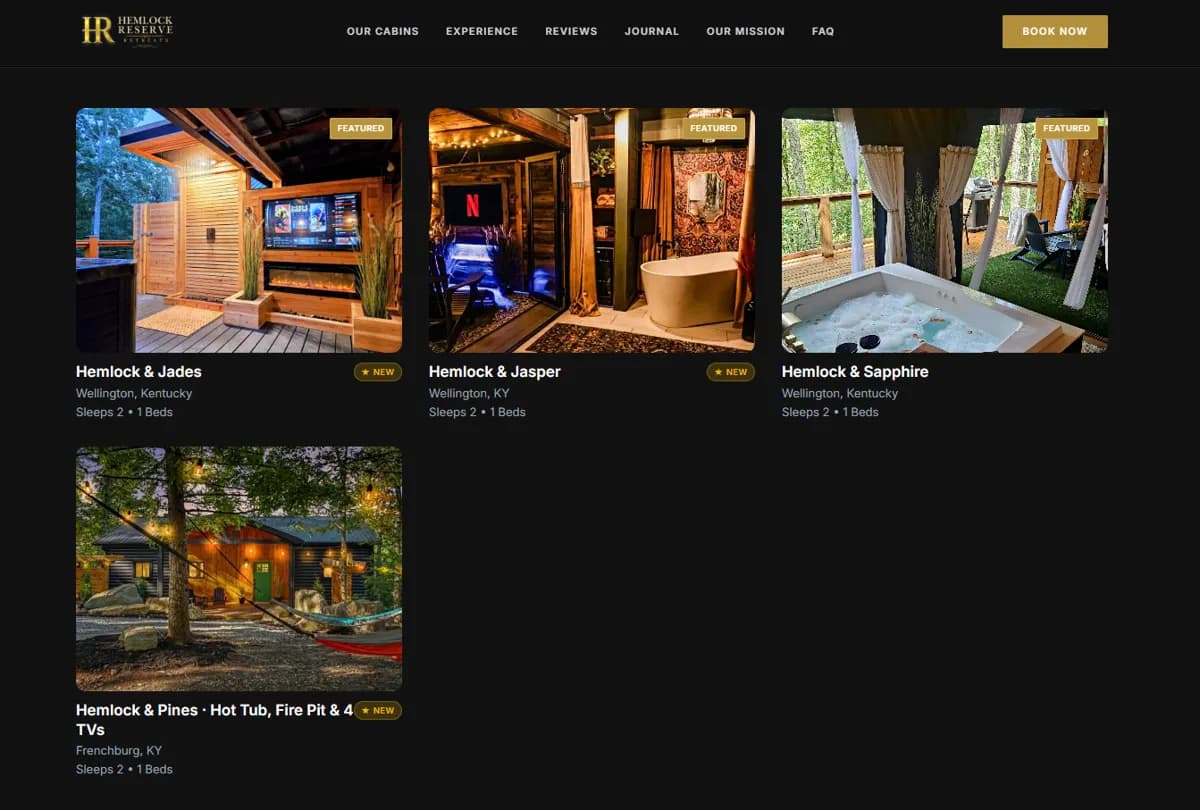 The Hemlock Reserve cabin collection page: four cabins shown as photo cards, Hemlock and Jades, Hemlock and Jasper, Hemlock and Sapphire, and Hemlock and Pines, each with its location, sleeps 2, 1 bed, and Featured or New badges, under a dark header with a Book Now button