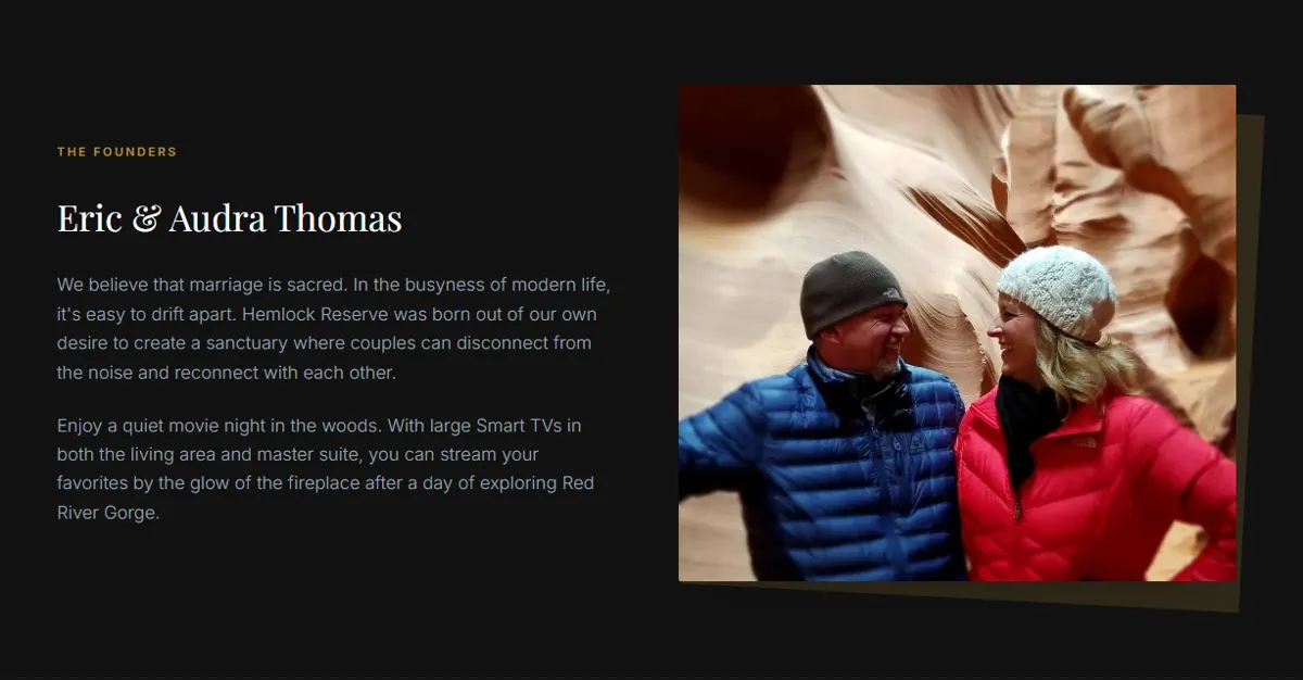 The founders section of the Hemlock Reserve site: the heading Eric and Audra Thomas with a short story about creating a sanctuary for couples, beside a photo of Eric and Audra smiling at each other in winter jackets in a sandstone slot canyon