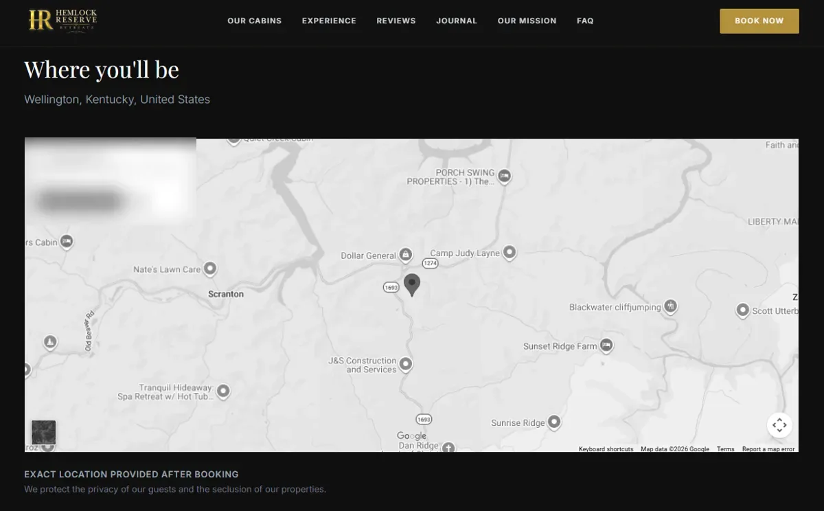 The Where you'll be section of a Hemlock Reserve cabin page: a grayscale Google map of the Wellington, Kentucky area with a pin, an Open in Maps button and directions button, and the note Exact location provided after booking, we protect the privacy of our guests and the seclusion of our properties
