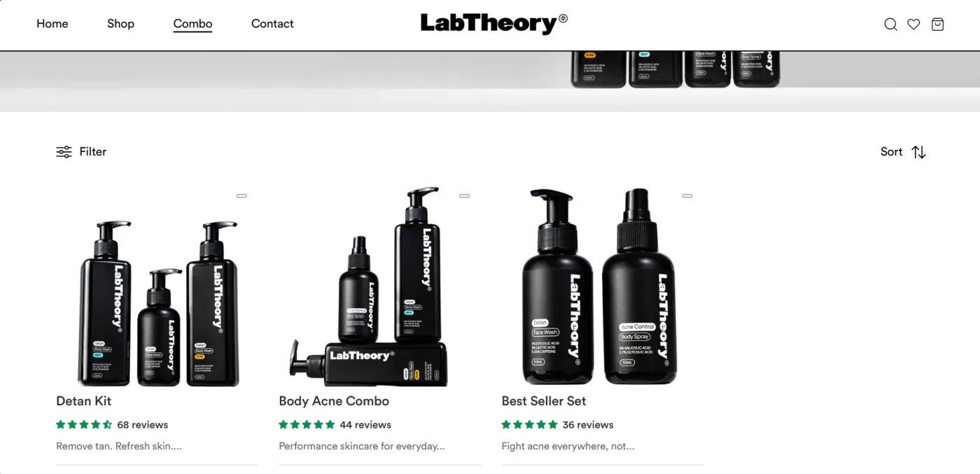 LabTheory combo collection: Detan Kit, Body Acne Combo and Best Seller Set, each with star ratings and review counts