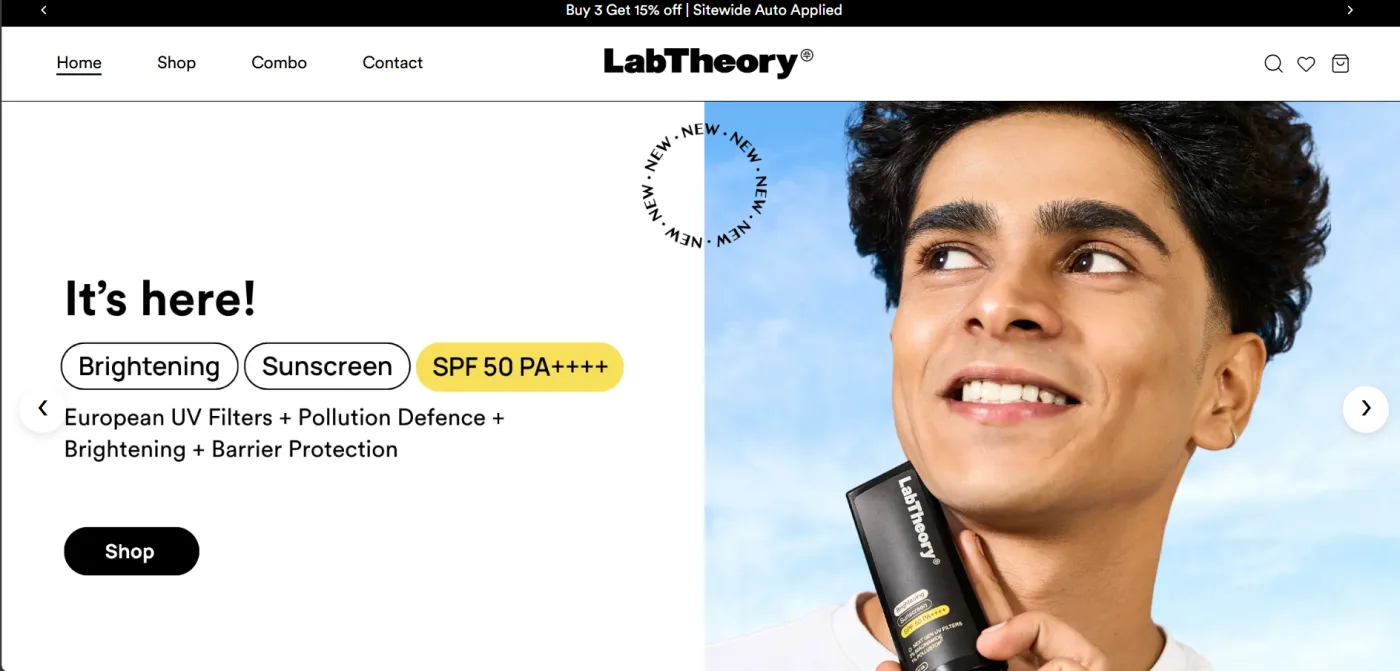LabTheory home page banner: It's here, a Brightening sunscreen with SPF 50 PA++++, and a Shop button