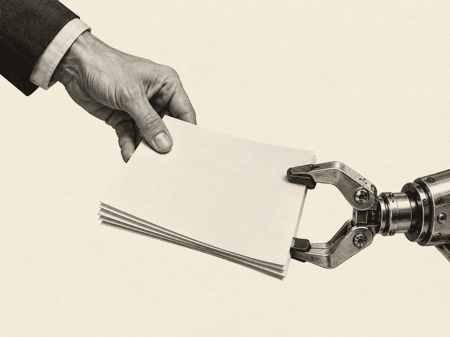 Editorial collage of a human hand and a mechanical clamp holding the same stack of paper