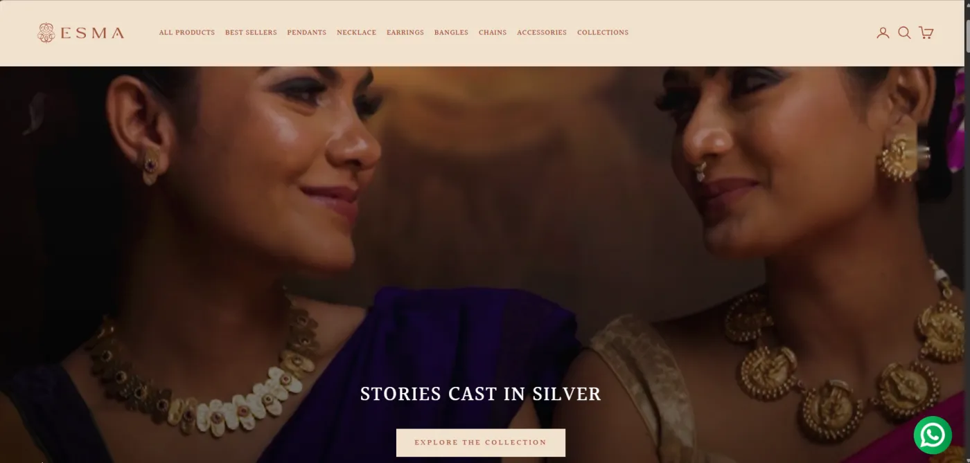 Esma home page with a full-width video hero reading Stories cast in silver and an Explore the collection button Esma home page with a full-width video hero reading Stories cast in silver and an Explore the collection button