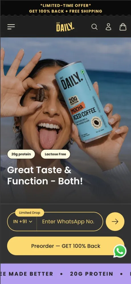 Get Daily on a phone: a banner with the headline Great Taste and Function, Both, a WhatsApp number field and a Preorder button Get Daily on a phone: a banner with the headline Great Taste and Function, Both, a WhatsApp number field and a Preorder button