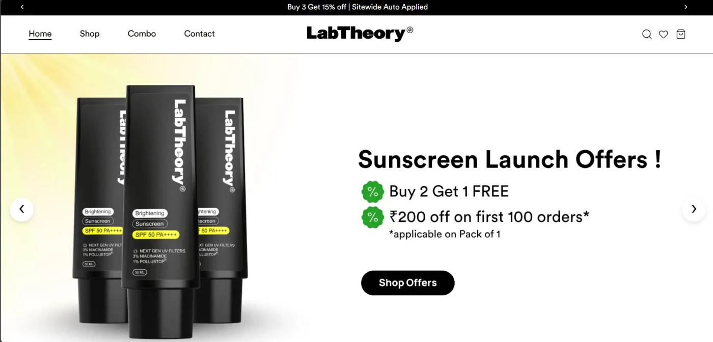 LabTheory home page banner: Sunscreen Launch Offers, with three black sunscreen tubes, the offers Buy 2 Get 1 FREE and 200 rupees off on first 100 orders, and a Shop Offers button LabTheory home page banner: Sunscreen Launch Offers, with three black sunscreen tubes, the offers Buy 2 Get 1 FREE and 200 rupees off on first 100 orders, and a Shop Offers button