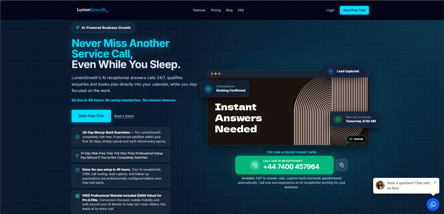 LumenGrowth home page: the headline Never Miss Another Service Call, Even While You Sleep, a Start Free Trial button and Book a Demo link, four trust cards covering the 30-day money-back guarantee, 14-day trial, 48-hour setup and a free website, a video panel, and a green call-our-AI-receptionist number LumenGrowth home page: the headline Never Miss Another Service Call, Even While You Sleep, a Start Free Trial button and Book a Demo link, four trust cards covering the 30-day money-back guarantee, 14-day trial, 48-hour setup and a free website, a video panel, and a green call-our-AI-receptionist number