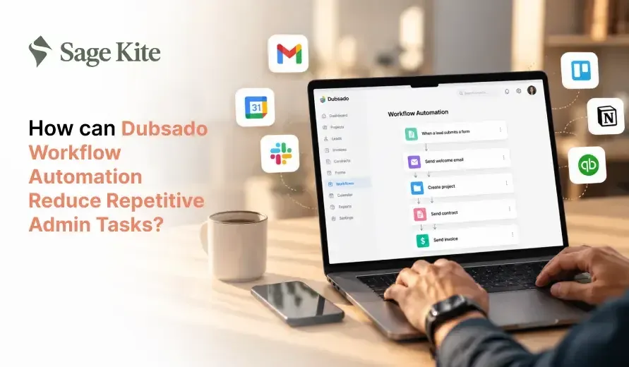 Sage Kite graphic asking how Dubsado workflow automation reduces repetitive admin tasks, with a laptop displaying an automation workflow. Sage Kite graphic asking how Dubsado workflow automation reduces repetitive admin tasks, with a laptop displaying an automation workflow.